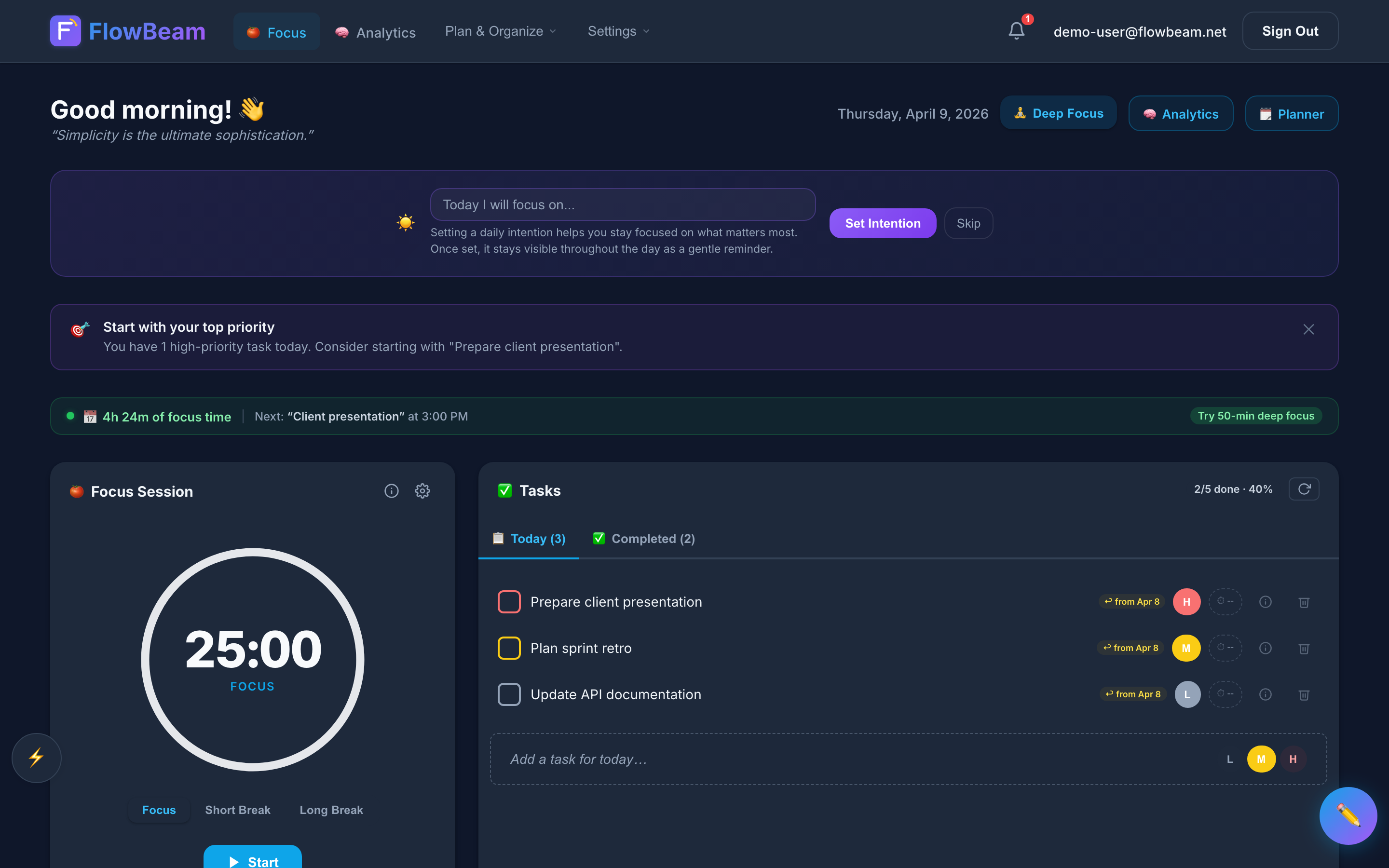 Productivity Hub showing clear schedule message with focus suggestion