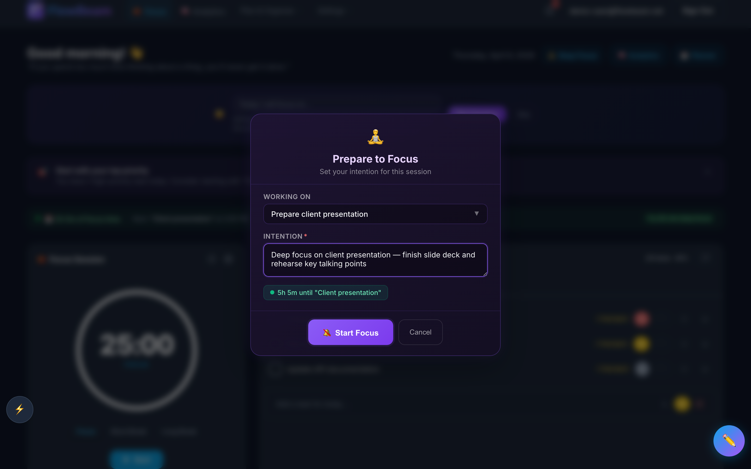 Pre-Focus Ritual modal showing task selection dropdown and intention field